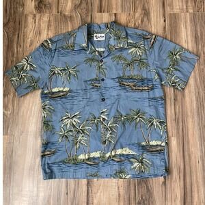 Howie Hawaiian Shirt Mens XL Blue Palm Tree Canoe Tropical Aloha Made in Hawaii
